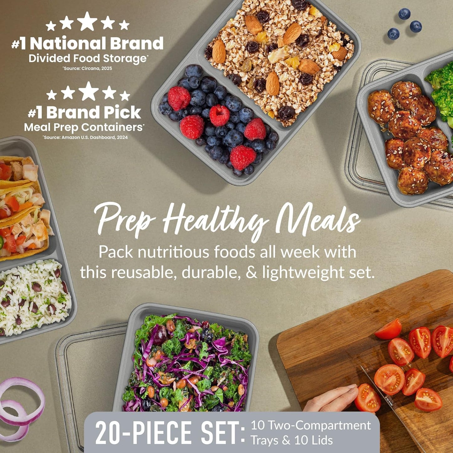 Bentgo Prep - 20-Piece 2-Compartment Reusable Meal Prep Containers with Lids, PFAS & BPA Free Materials, Durable, Microwave, Freezer, & Dishwasher Safe To Go Food Storage (Rose Gold)