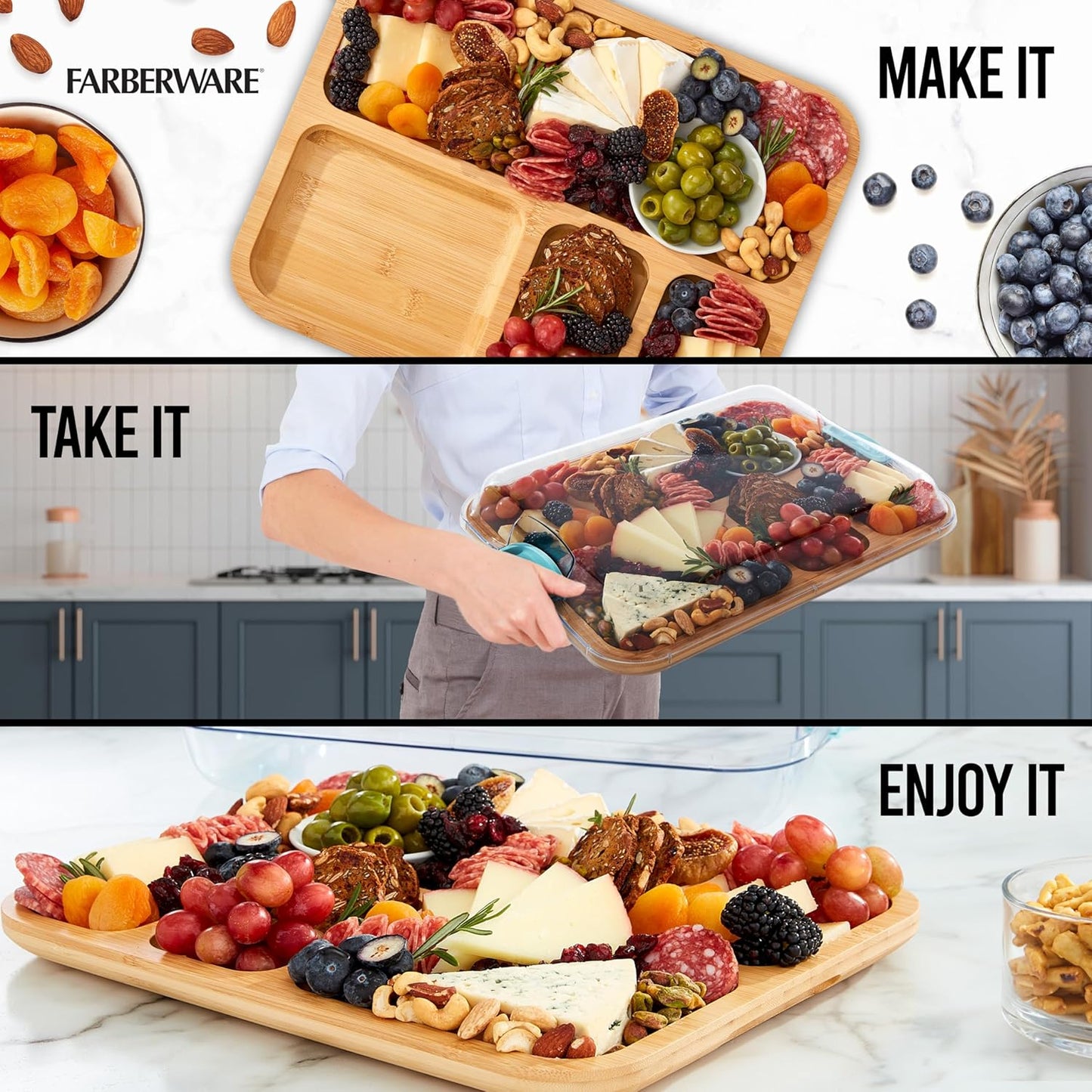 Farberware Build-A-Board Bamboo Cutting Board with Built-In Compartments & Clear Locking Lid, Black Handles, Charcuterie, Snack Tray, Food Prep and Serving Platter