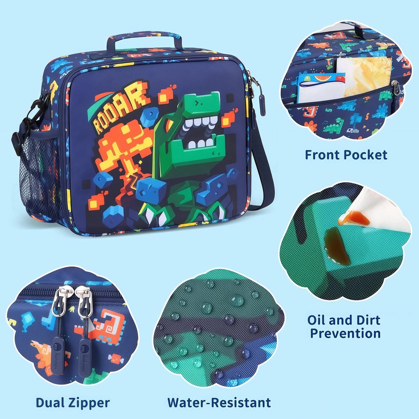 rockpapa Kids Lunch Box Set with 14oz Insulated Water Bottle & Lunch Bag, Leakproof 5.5 Cups Bento Box for School & Children, BPA-Free, Microwave Safe for Boys Girls (Grey Constr Turcks)