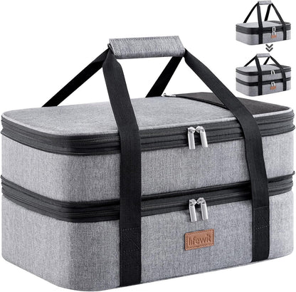 Lifewit Insulated Double Decker Casserole Carrier, Expandable Lasagna Lugger Tote Bag for Hot or Cold Food, Fits 9" x 13" Baking Dish for Potluck Parties, Picnic and Cookouts, Grey-Geometric