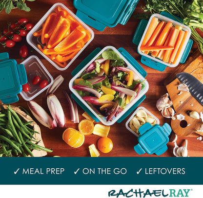 Rachael Ray Leak-Proof Nestable Container Food Storage Bin Set, 10-Piece, Clear with Teal Lids