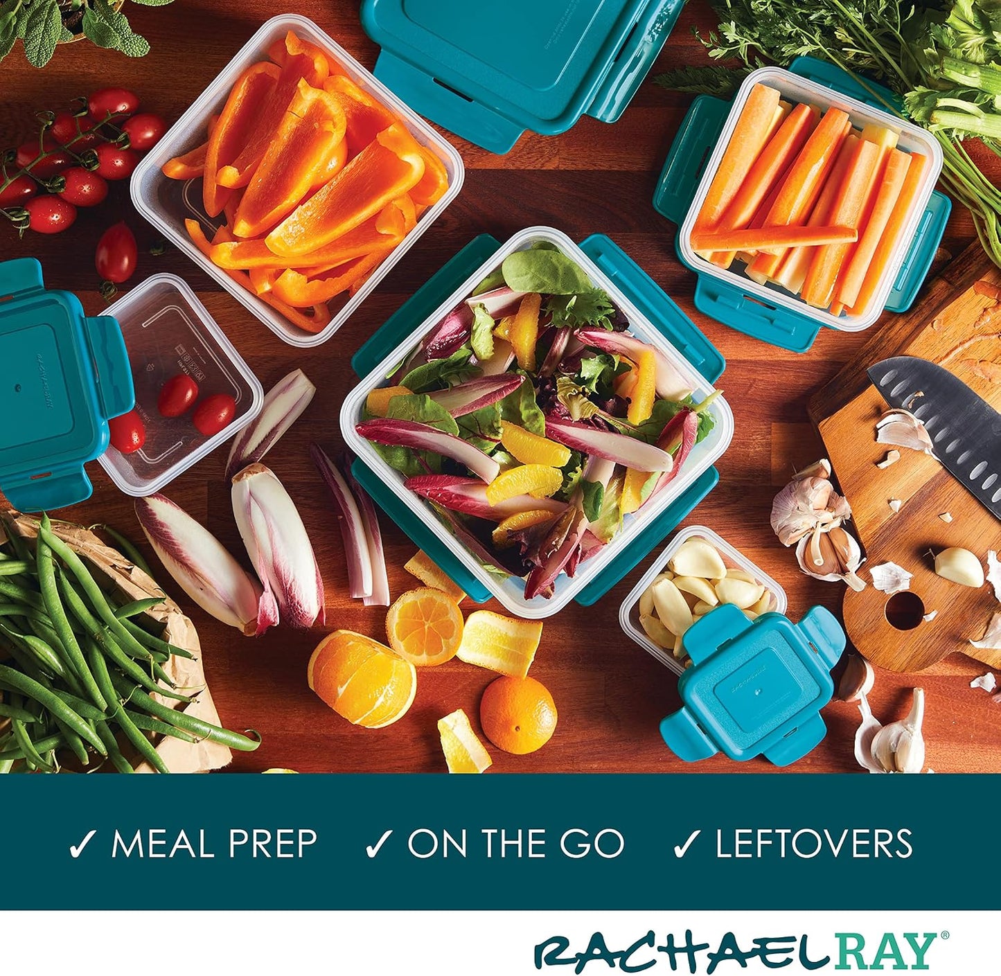 Rachael Ray Leak-Proof Nestable Container Food Storage Bin Set, 10-Piece, Clear with Teal Lids