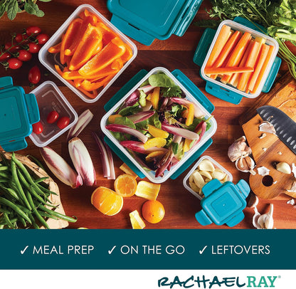 Rachael Ray Leak-Proof Nestable Container Food Storage Bin Set, 10-Piece, Clear with Teal Lids