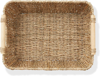 Casafield Set of 2 Water Hyacinth Oval Storage Baskets with Wooden Handles - Medium, Woven Bin Organizers