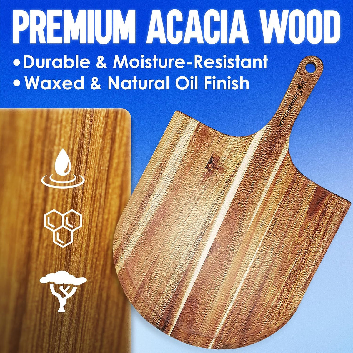 16-Inch Wooden Pizza Peel, X-Large Paddle, Cutting & Serving Board w Handle