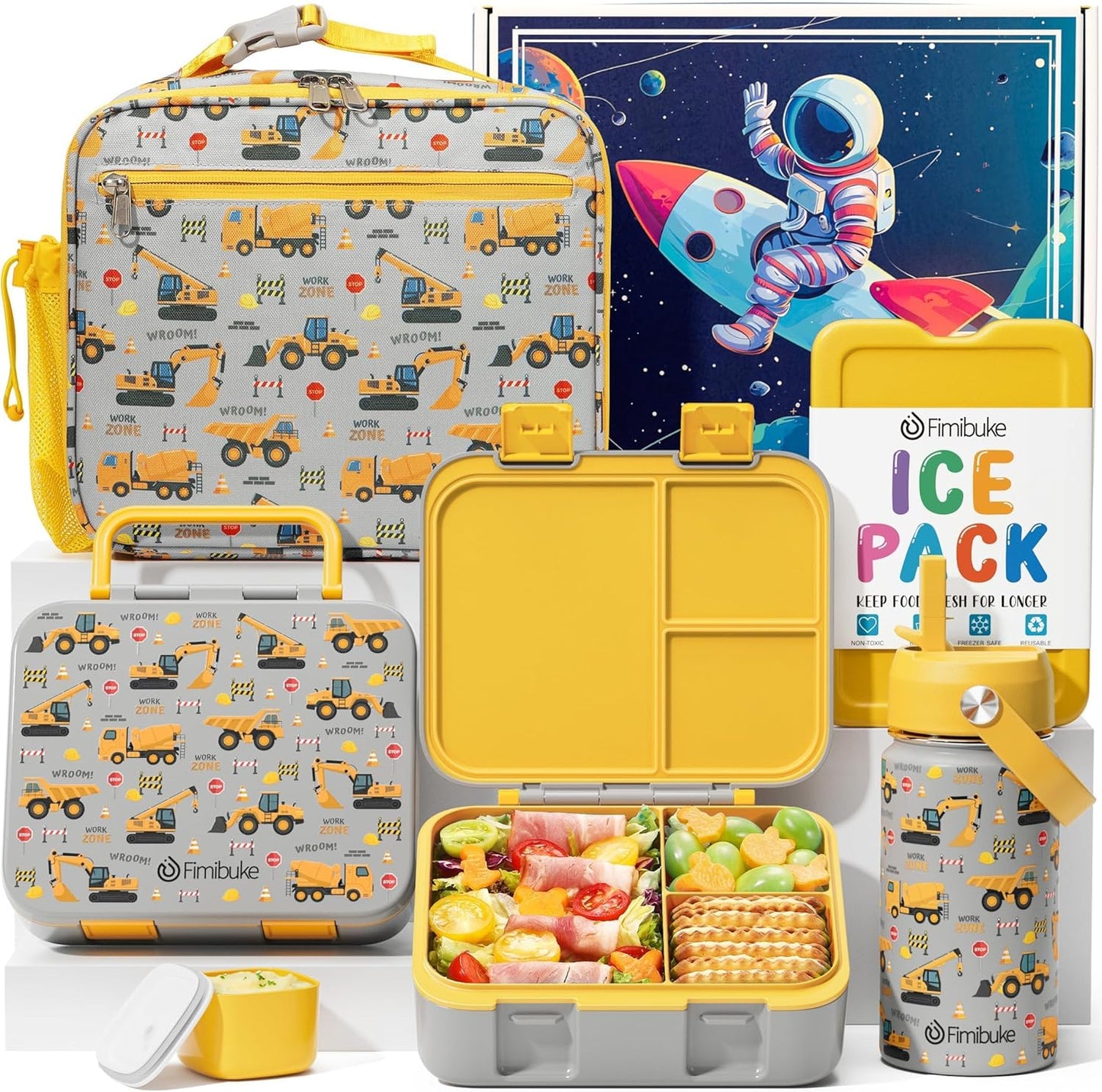 Fimibuke Bento Lunch Box for Kids - Toddler Snack Bento Box Container with 3 Compartments, Stainless Steel Water Bottle, Insulated Lunch Bag, Ice Pack Set for Ages 3-12 Girl Boy Daycare Back to School