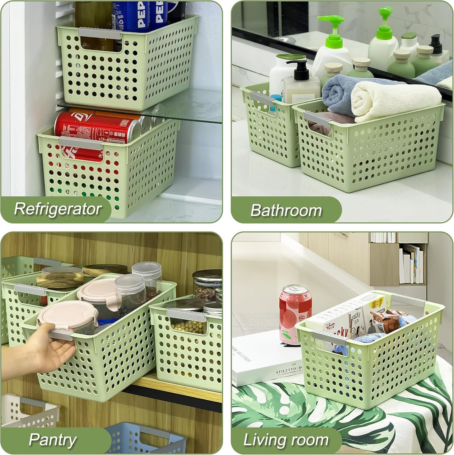 Soddeph 4 Pack Plastic Storage Basket with Handles, Small Deep Organizer Bin with Hollow Design for Under Counter, Shelf, Closet, Kitchen or Bathroom (White, Small)