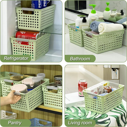 Soddeph 4 Pack Plastic Storage Basket with Handles, Small Deep Organizer Bin with Hollow Design for Under Counter, Shelf, Closet, Kitchen or Bathroom (White, Small)