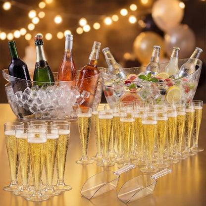 meekoo 104 Pcs Ice Buckets for Parties Set, 2 Pack 5.5l Clear Beverage Tub, 100 Pack 4.5oz Plastic Champagne Flutes, 2 Ice Scoops, Mimosa Bar Drink Supplies for Beer Wine Champagne Juice(Clear)