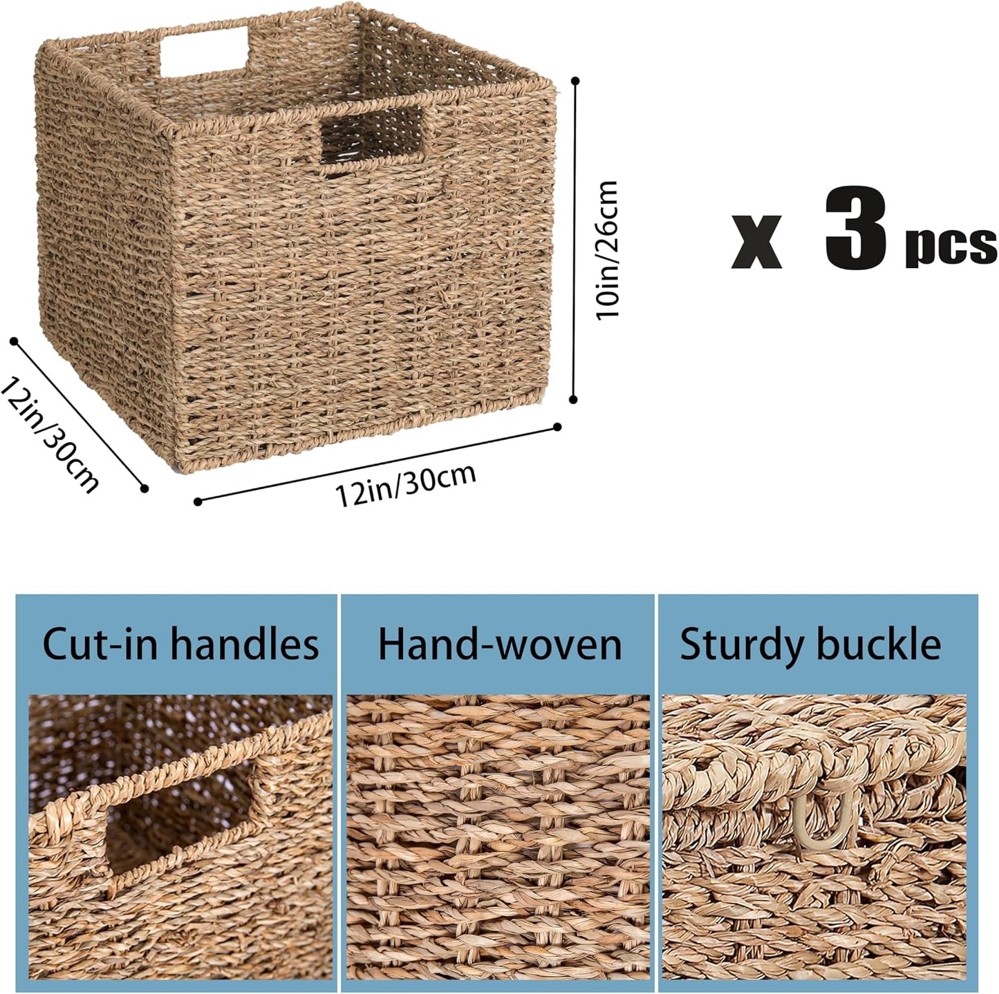 12x12x10in Water Hyacinth Storage Basket Large, Folding Cube Woven Wicker Storage Basket for Shelves, Pantry Baskets Organization and Storage, Kitchen Storage Baskets, Large Rattan Basket Set of 3