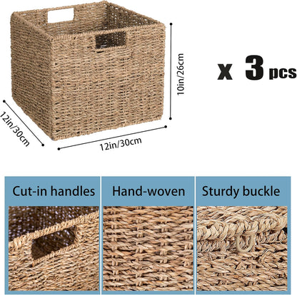 12x12x10in Water Hyacinth Storage Basket Large, Folding Cube Woven Wicker Storage Basket for Shelves, Pantry Baskets Organization and Storage, Kitchen Storage Baskets, Large Rattan Basket Set of 3