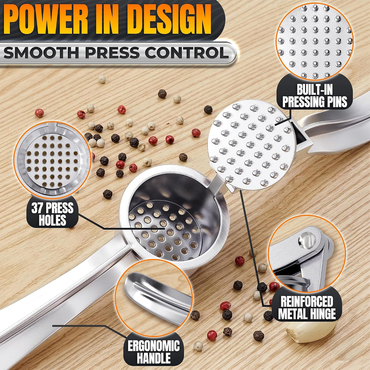 Metal Garlic Press with Comfortable Ergonomic Handle, Silver