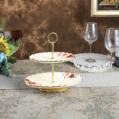 fanquare 3 Compartment Platter, Gold Porcelain Appetizer Serving Tray, Floral Ceramic Divided Serving Plate for Fruit, Candy, Nuts