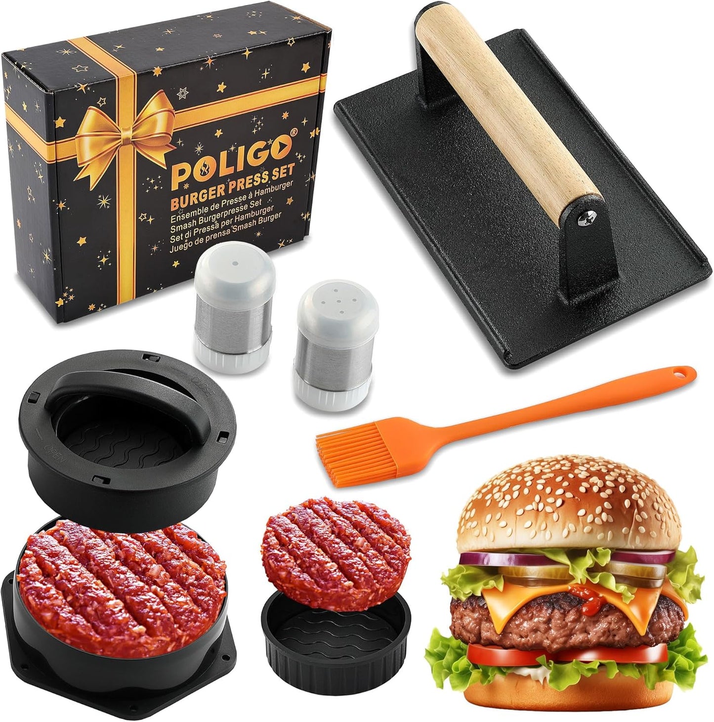 POLIGO Smash Burger Press Kit - 4 in 1 Hamburger Patty Storage Containers, 6.69" Cast Iron Smash Bacon Press - Non Stick Smash Burger Press Set for Grill and Griddle Cooking, Black Round