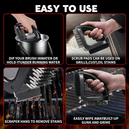 4-in-1 Grill Brush [Bristle-Free Sponge Pad & Wire] Combined BBQ Brush,Ultra Safe & Heavy-Duty Grill Cleaner for Outdoor Grill Grill Brush and Scraper Grill Accessories Gifts for Men/Dad