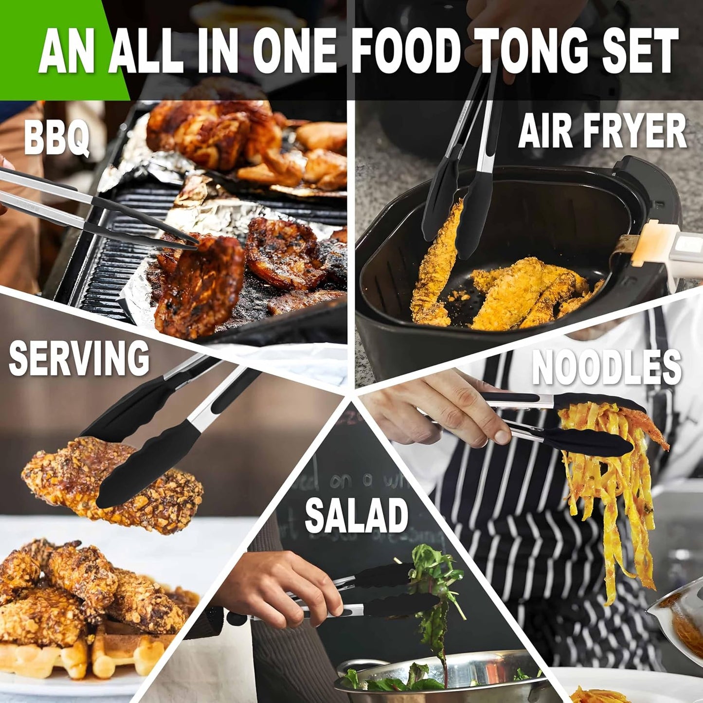 Anaeat Premium Kitchen Locking Tong Set of 3 - Heavy Duty Stainless Steel Food Tongs with Long Handle & Non-Slip Silicone Grip for Cooking, Baking, Grilling - Heat Resistant up to 480°F