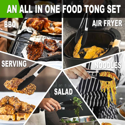 Anaeat Premium Kitchen Locking Tong Set of 3 - Heavy Duty Stainless Steel Food Tongs with Long Handle & Non-Slip Silicone Grip for Cooking, Baking, Grilling - Heat Resistant up to 480°F