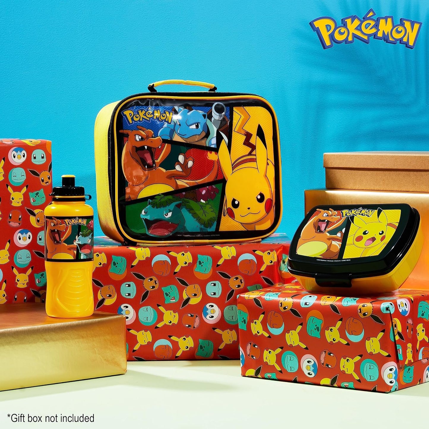 Pokemon Insulated Lunch Bag with Lunch Box Water Bottle Set for Kids 3 Piece School Snack Bag Pikachu Gifts for Kids (Yellow)