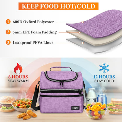 opux Insulated Lunch Bag for Men Women, Double Decker Leakproof Lunch Box Cooler Tote with Shoulder Strap, Large Lunchbox for Work School Travel Meal Prep, Adults Kids Boys Girls, Green, 16 Cans