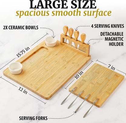 Zulay Kitchen Premium Bamboo Charcuterie Board - Extra Thick Bamboo Board with 4 Piece Knife Set - Perfect for Charcuterie, Wine and Cheese