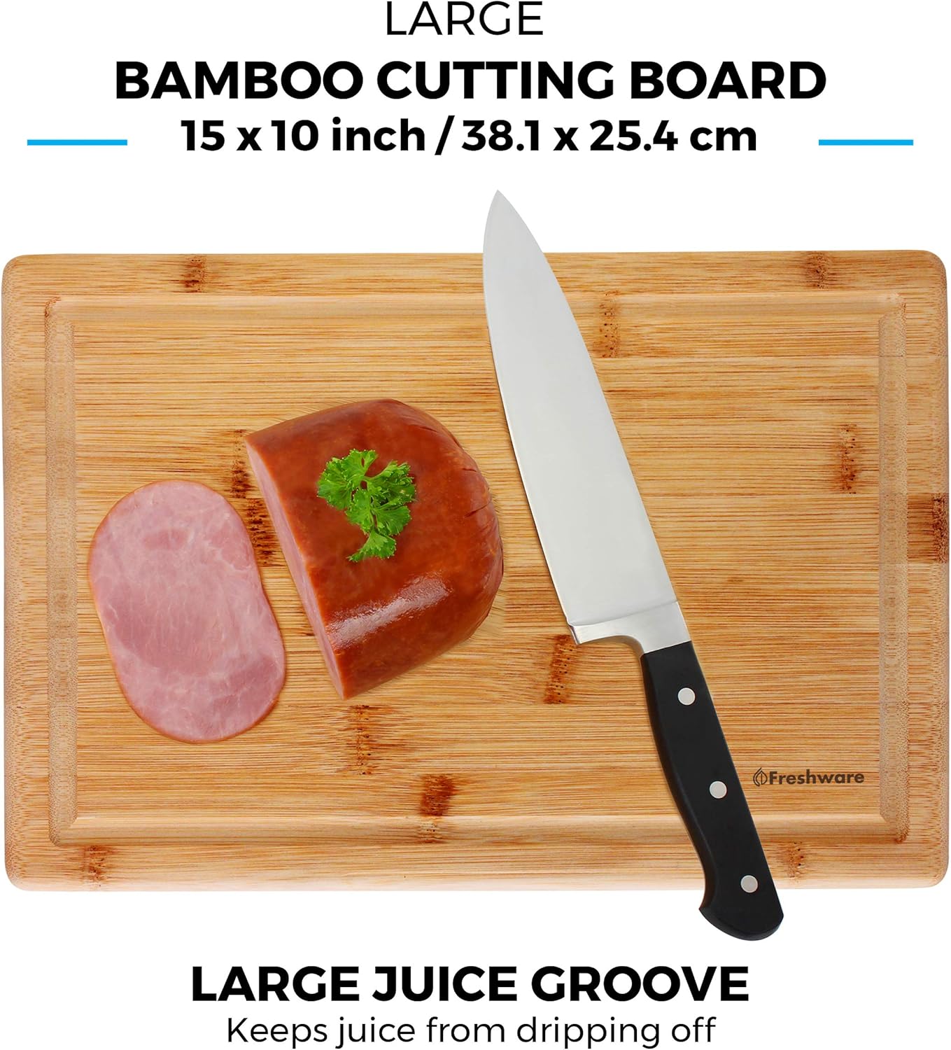Freshware Wood Cutting Boards for Kitchen - Bamboo Cutting Board Set of 3, Cutting Boards with Juice Grooves, Serving Board Set, Chopping Board for Meat, Veggie, Easy Grip Handle (9x6", 12x8", 15x10")