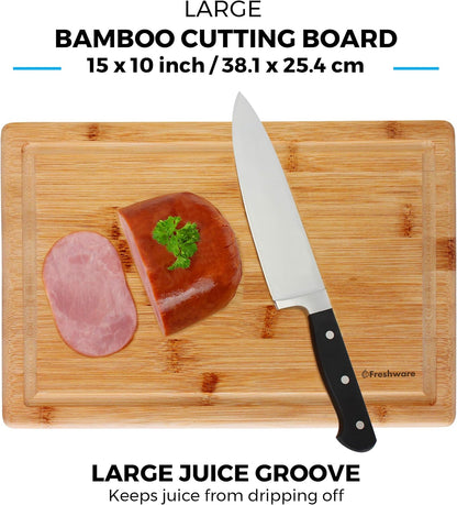 Freshware Wood Cutting Boards for Kitchen - Bamboo Cutting Board Set of 3, Cutting Boards with Juice Grooves, Serving Board Set, Chopping Board for Meat, Veggie, Easy Grip Handle (9x6", 12x8", 15x10")