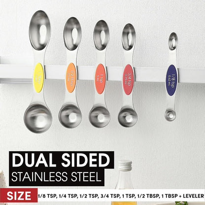 Spring Chef Stainless Steel Magnetic Measuring Spoons Set with Strong N45 Magnets, Heavy Duty Metal Kitchen Gadgets for Baking & Cooking, Fits in Most Kitchen Spice Jars, Set of 8 with Leveler, Black