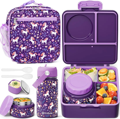 Fimibuke Kids Bento Lunch Box with Thermo, Leakproof Toddler Bento Box with 8.5 OZ Insulated Food Jar, Lunch Bag, Kids Water Bottle, 3 or 4 Compartment Container for Back to School Toddler Girls Boys