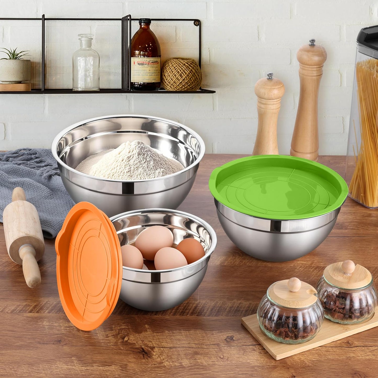 LIANYU Mixing Bowls with Airtight Lids Sets, 3 Packs Stainless Steel Metal Mixing Bowls, Ideal for Prepping, Cooking, Storage, Serving, Freezer & Dishwasher Safe, Khaki