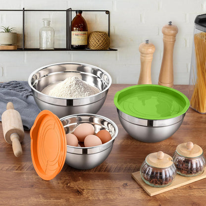 LIANYU Mixing Bowls with Airtight Lids Sets, 3 Packs Stainless Steel Metal Mixing Bowls, Ideal for Prepping, Cooking, Storage, Serving, Freezer & Dishwasher Safe, Khaki