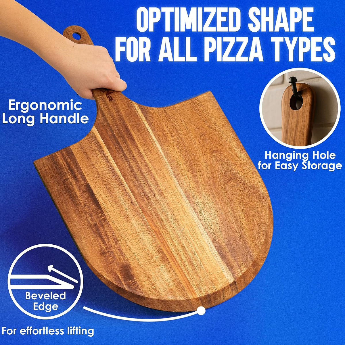 16-Inch Wooden Pizza Peel, X-Large Paddle, Cutting & Serving Board w Handle