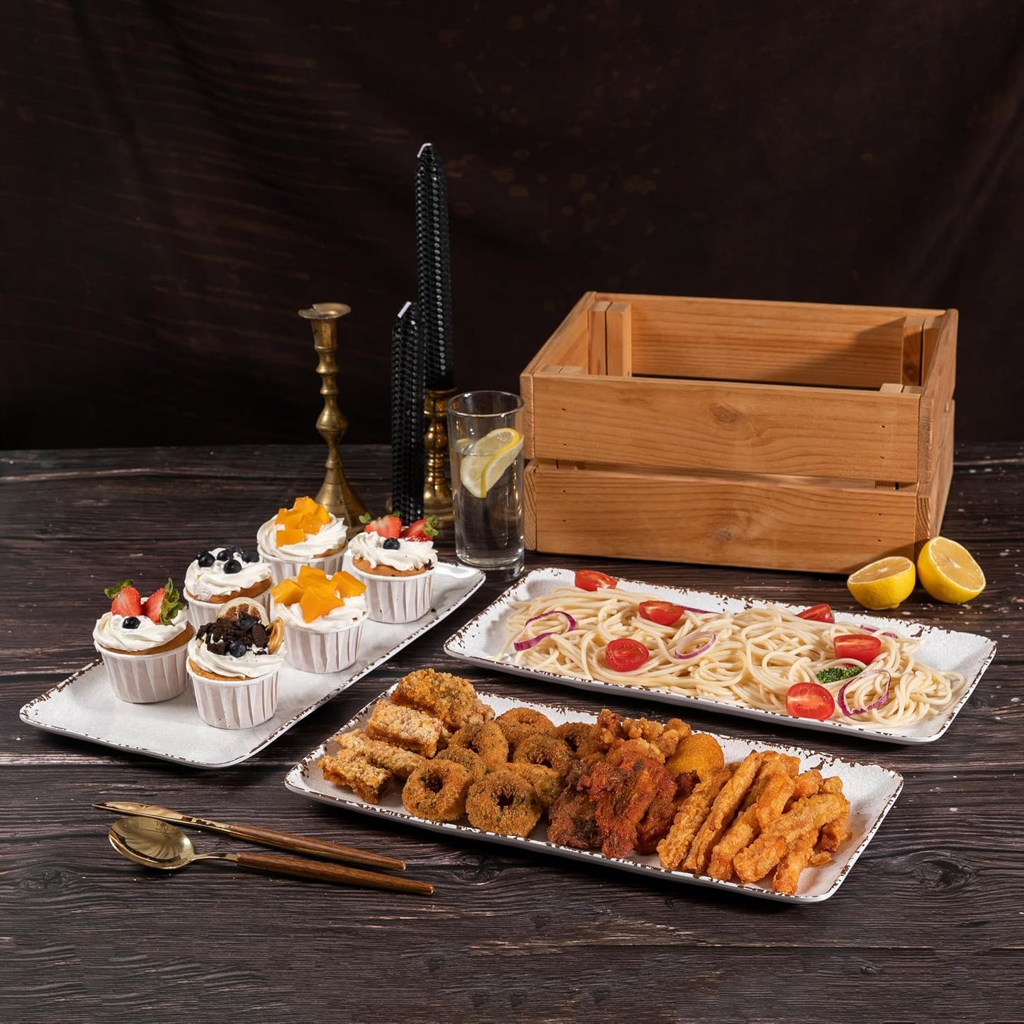 Chip & Dip Serving Tray Set, 4 Sectional Round Melamine Serving Platter, Relish Tray, Round Compartment Appetizer platter for Veggies, Candy and Snacks, Matte Black, Set of 2