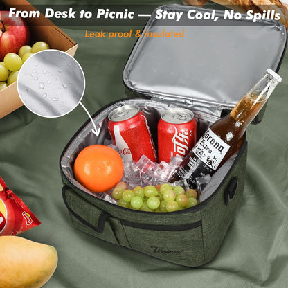 Tirrinia Reusable Lunch Box for Men Women, Insulated Lunch Bag Adult Work, Double Decker Leakproof Lunchbox for Office Picnic Beach—Dual Compartment Lunch Cooler Bag