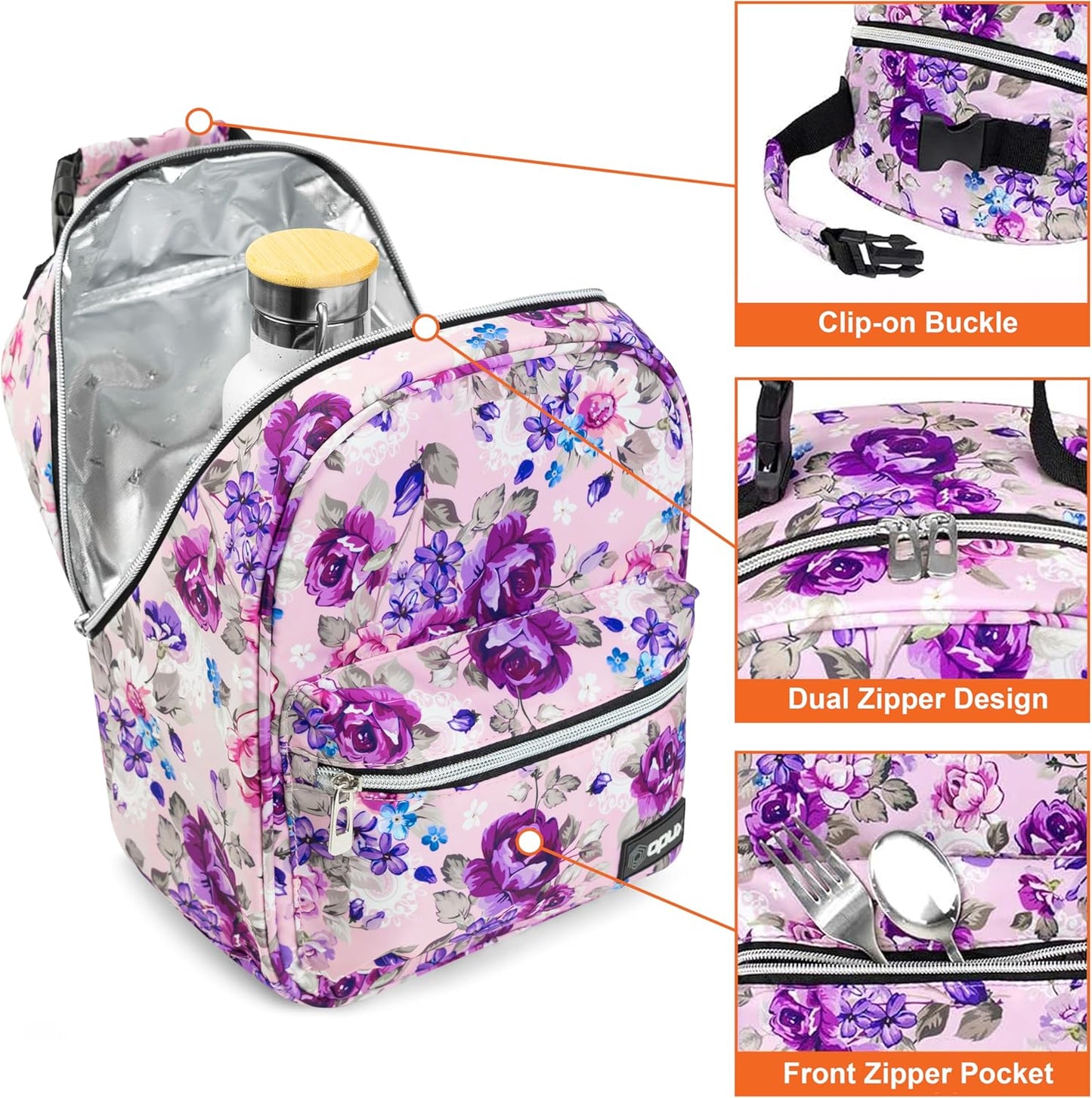opux Lunch Box for Girls Boys Kids, Insulated Leakproof Lunch Bag, Reusable Teen Lunch Boxes for School, Medium Large lunchbox for Women Men Adult for Work with Front Back Pocket (Purple)