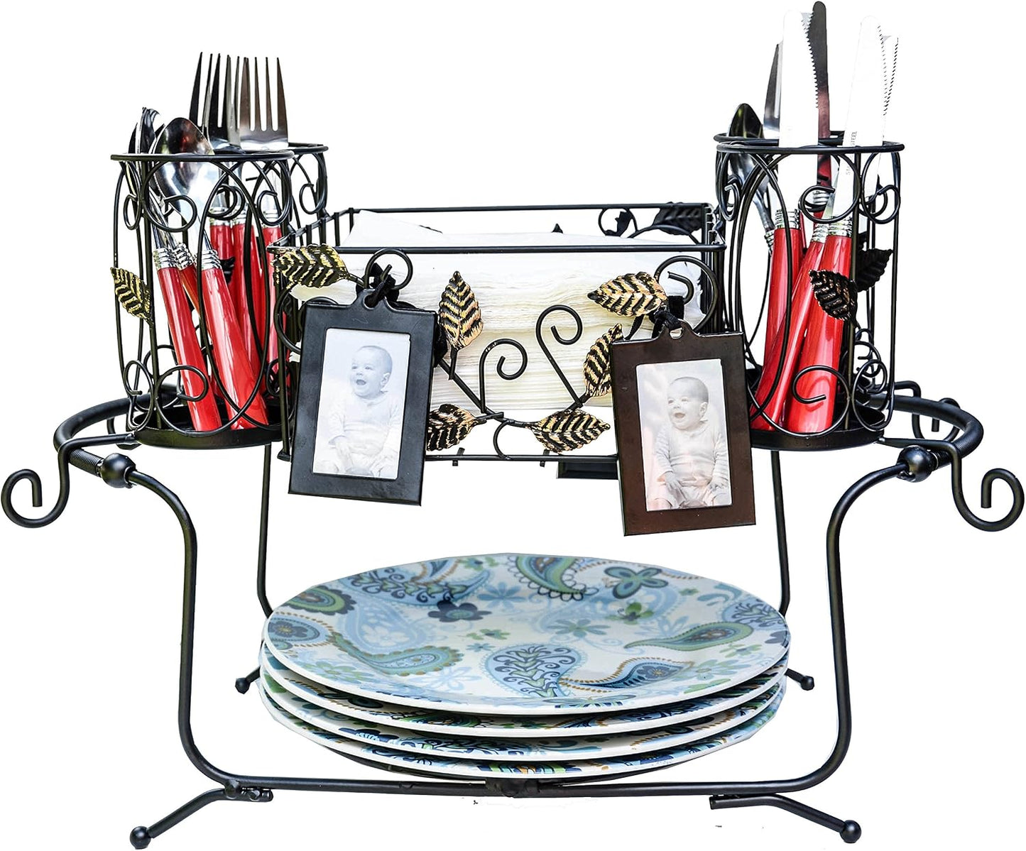 Portable Utensil Caddy for Parties, Elegant Leaf Design Buffet & Silverware Organizer with Napkin Holder, Stainless Steel Plate Storage Caddy for Camping, BBQ & Outdoor Dining