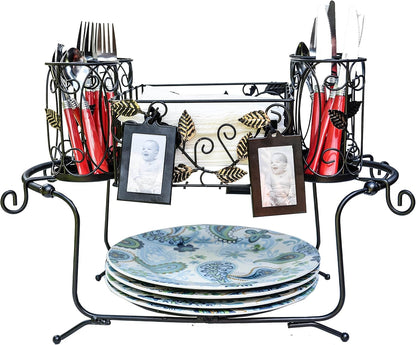 Portable Utensil Caddy for Parties, Elegant Leaf Design Buffet & Silverware Organizer with Napkin Holder, Stainless Steel Plate Storage Caddy for Camping, BBQ & Outdoor Dining