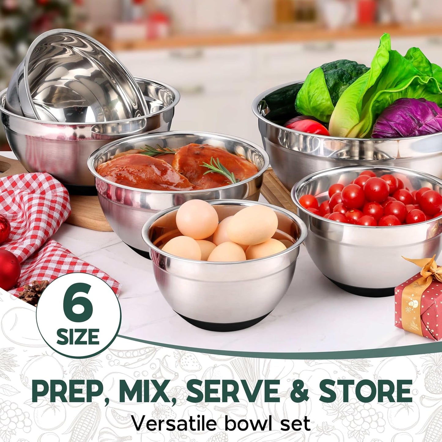 Onader Colorful Mixing Bowl Set of 6 for Kitchen, Large Stainless Steel Metal Nesting Mixing Bowls with Airtight Lids, Non Slip - Size 0.7, 1, 1.5, 2, 2.6, 4.6QT