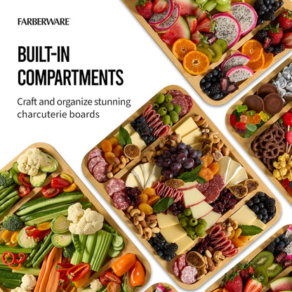 Farberware Build-A-Board Bamboo Cutting Board with Built-In Compartments & Clear Locking Lid, Black Handles, Charcuterie, Snack Tray, Food Prep and Serving Platter
