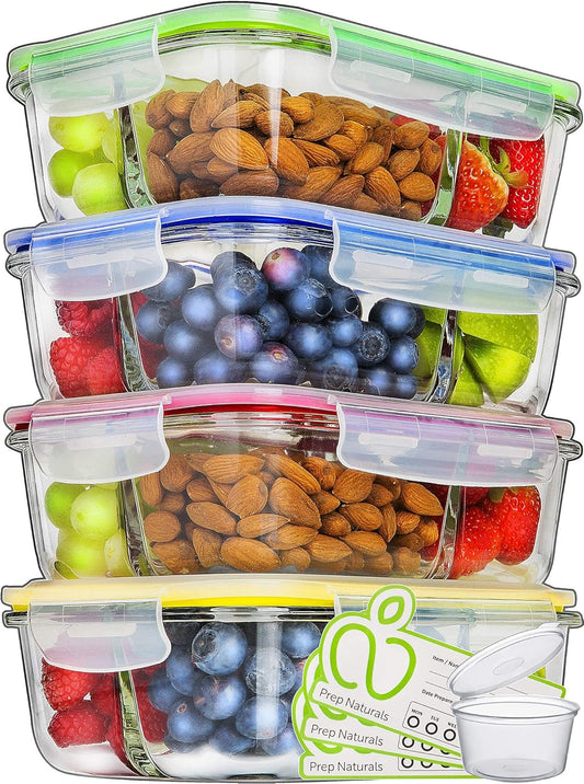 PrepNaturals 5 Pack 30 Oz Glass Meal Prep Containers - Dishwasher Microwave Freezer Oven Safe - Glass Storage Containers with Lids (Multi-Compartment)