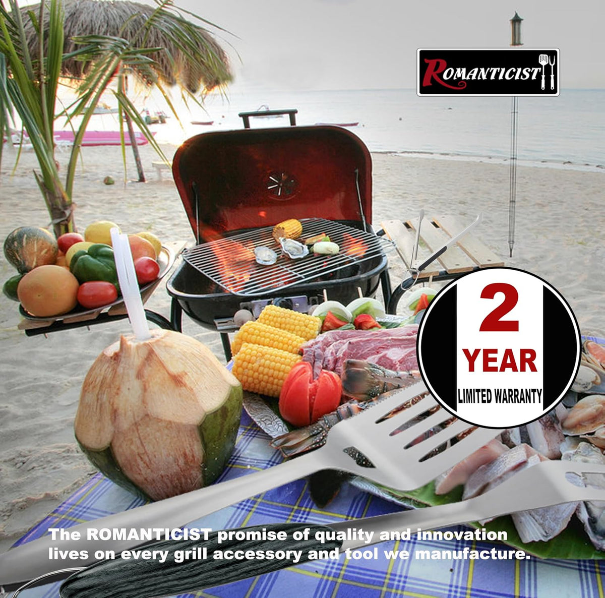 ROMANTICIST 4pc Heavy Duty Grill Accessories for Top Chef - Professional Grill Tools Set & Basic BBQ Tools for Backyard Restaurant Outdoor Kitchen - Deluxe Grill Gift for Dad on Father’s Day Christmas