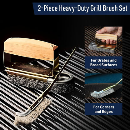 BBQ Grill Brush Set - Large and Small Detailing Grill Cleaner with Stainless Steel Wire Brush BBQ Scrubber Bristles and Ergonomic Handles - Grilling Accessories for Dad by Kings County Tools