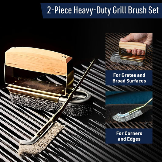 BBQ Grill Brush Set - Large and Small Detailing Grill Cleaner with Stainless Steel Wire Brush BBQ Scrubber Bristles and Ergonomic Handles - Grilling Accessories for Dad by Kings County Tools