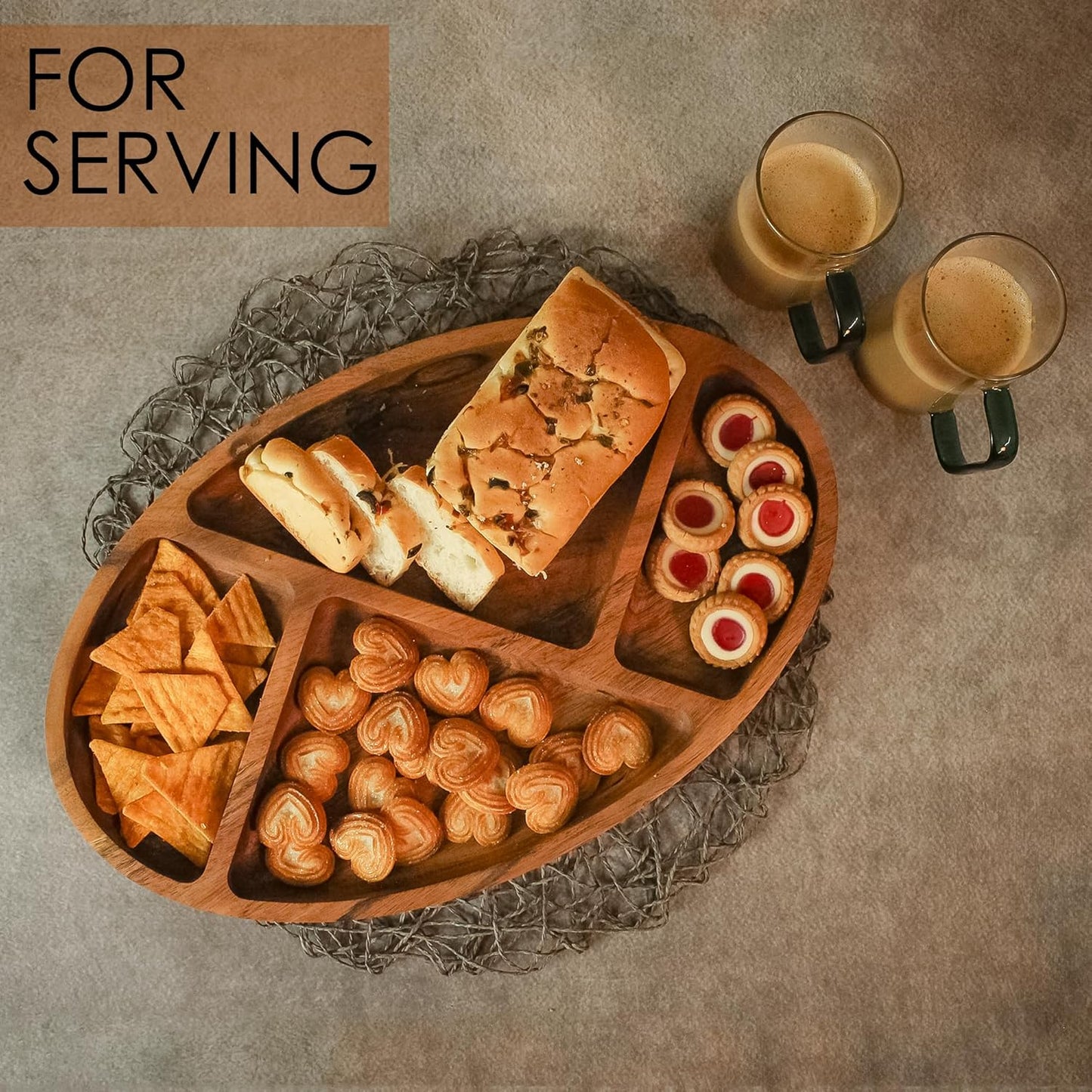 Large Wooden Divided Serving Tray – 16x10 inch Acacia Wood Platter with 4 Compartments for Snacks, Appetizers, Chips and Dips – Rustic Charcuterie Board, Chrsitmas, New Year, Thanksgiving