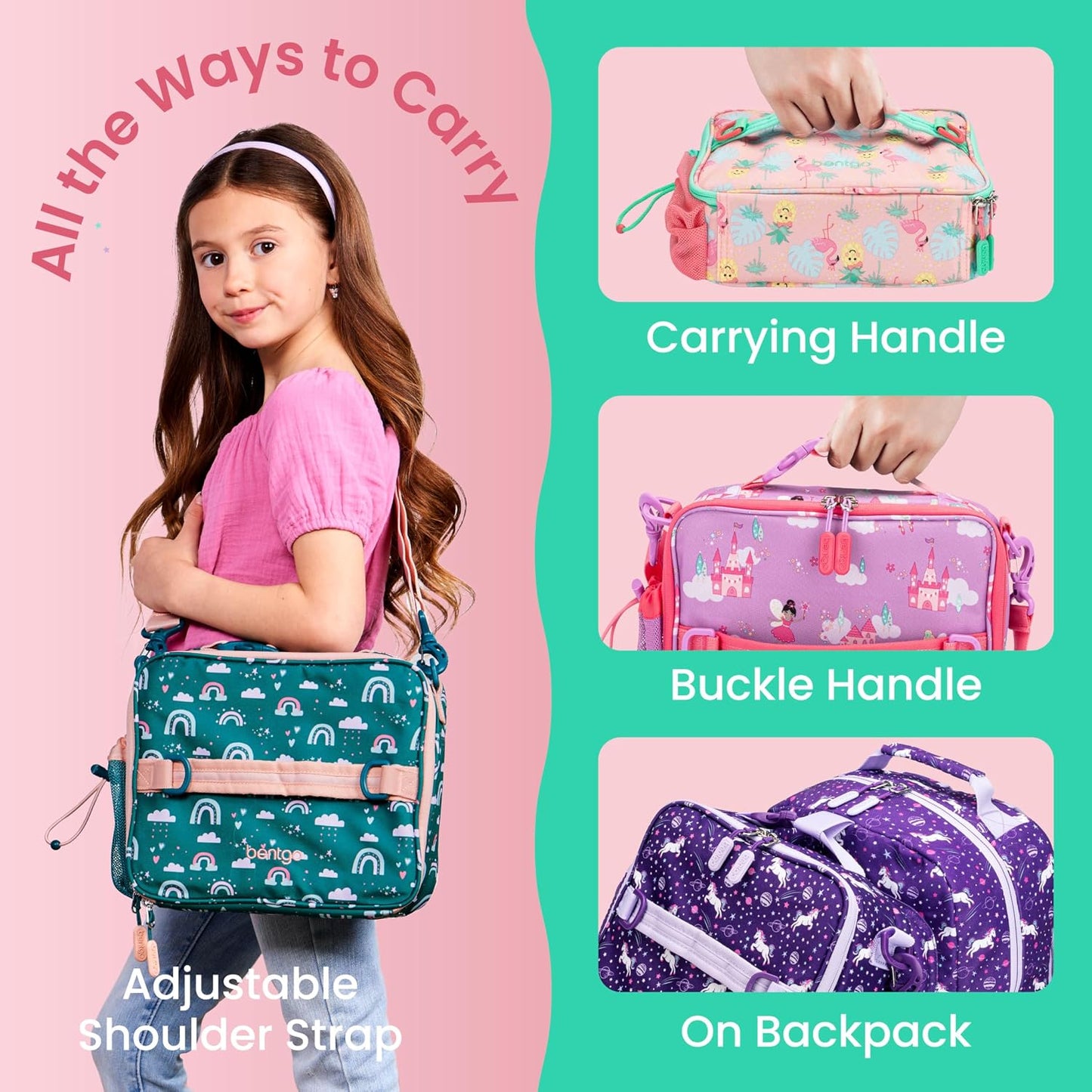 Bentgo Kids Lunch Bag - Durable, Double-Insulated Lunch Bag for Kids 3+; Holds Lunch Box, Water Bottle, & Snacks; Easy-Clean Water-Resistant Fabric & Multiple Zippered Pockets (Mermaid)