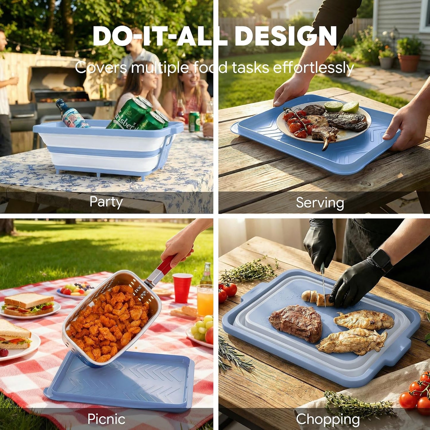 Feasto Collapsible BBQ Prep Tubs with Cutting Board, 9-IN-1, 2 Tubs Portable Grill Prep Station with Side Brackets, Lids, Knives, Meat Claws and Drain Rack, Space-Saving for Kitchen & Camping, Black