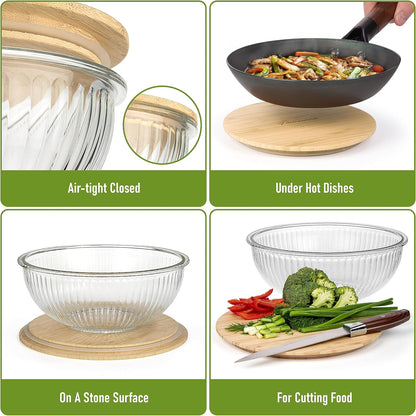 Set of 4 Stackable Space-Saving Nesting Glass Bowls with Airtight Acacia Lids for Lunch, Meal & Food Prep - Microwave & Oven-ready BPA Free Durable Heat Resistant Inert Borosilicate Glass