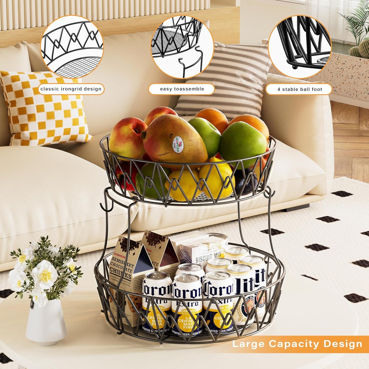 3 Tier Fruit Basket with 2 Banana Hangers for Kitchen Counter | 3-Tier Detachable Design,Metal Wire Construction, Wooden Handle, Large Capacity, Multi-Purpose Organizer,Mesh Basket