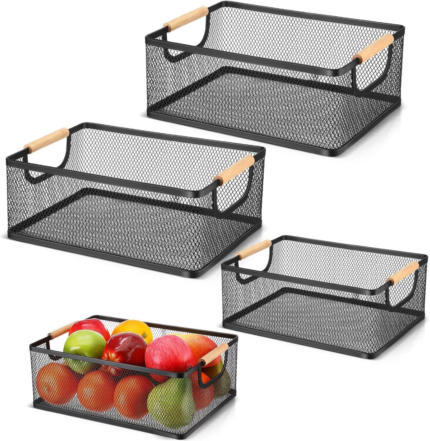 Rtteri 4 Pack White Metal Wire Basket with Wood Handle 2 Size Large Metal Mesh Basket Stackable Wire Storage Bin for Pantry Food Snacks Storage Kitchen Organizing