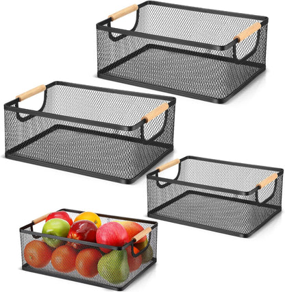 Rtteri 4 Pack White Metal Wire Basket with Wood Handle 2 Size Large Metal Mesh Basket Stackable Wire Storage Bin for Pantry Food Snacks Storage Kitchen Organizing