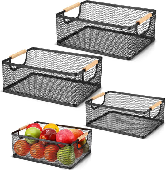 Rtteri 4 Pack White Metal Wire Basket with Wood Handle 2 Size Large Metal Mesh Basket Stackable Wire Storage Bin for Pantry Food Snacks Storage Kitchen Organizing